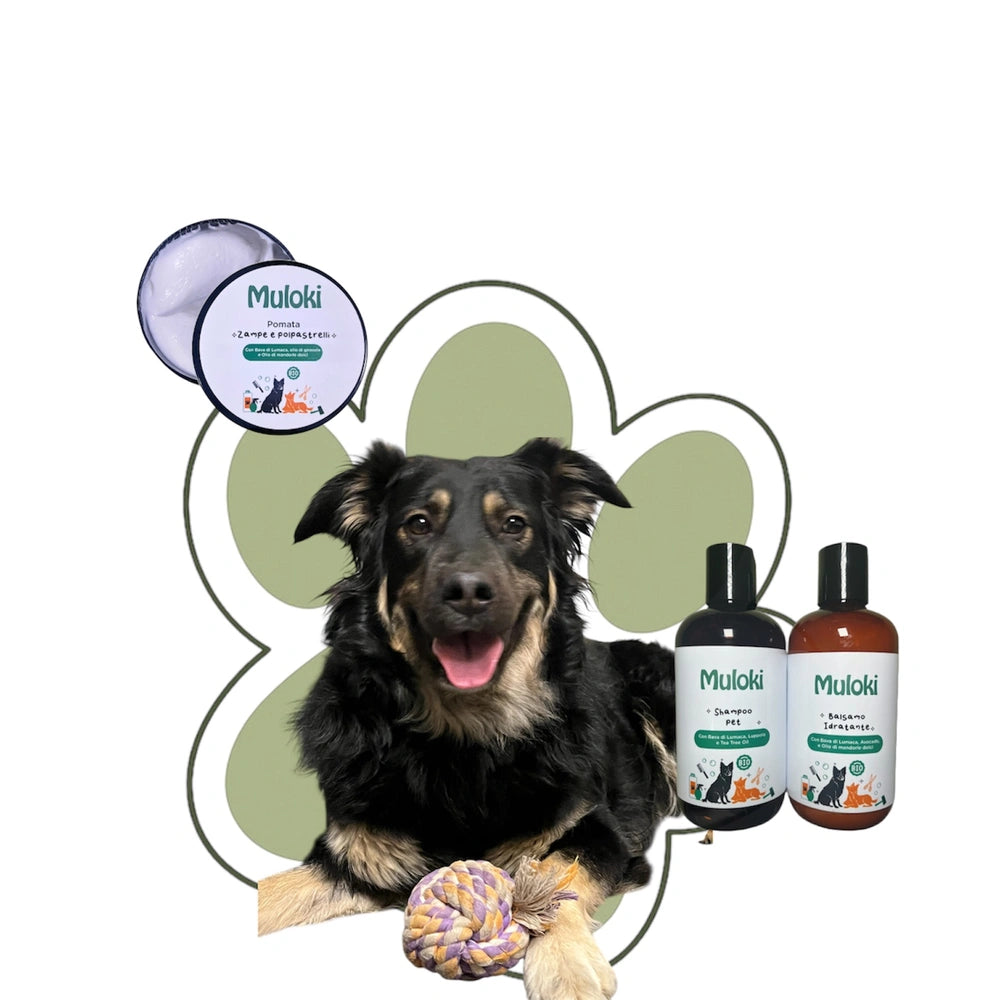 collezione pulizia muloki - shampoo, balsamo, lozioni. tanti prodotti per la cura e il benessere del tuo cane