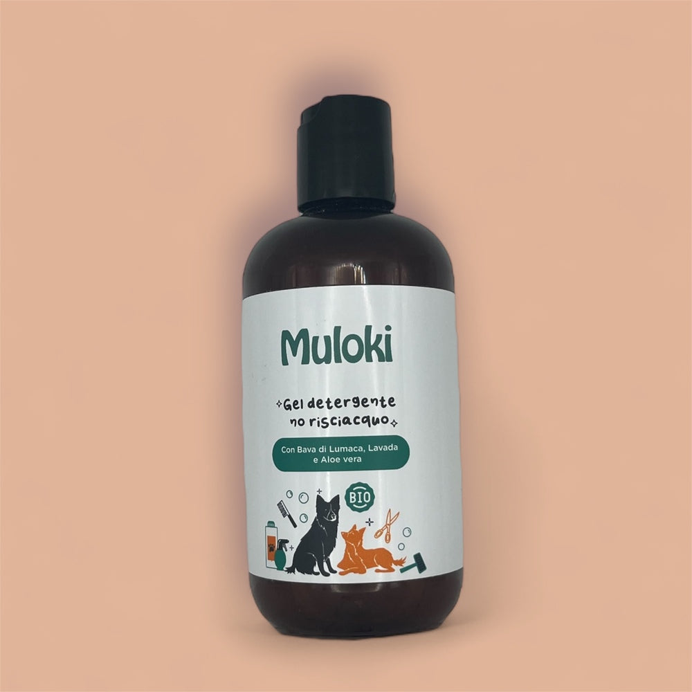 Gel detergente senza risciacquo per cani Muloki – pulizia naturale da 250 ml