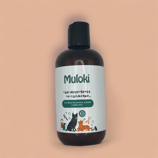 Gel detergente senza risciacquo per cani Muloki – pulizia naturale da 250 ml