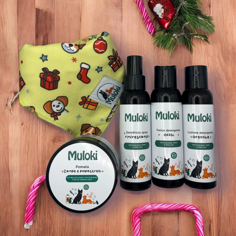 Kit Natale Igiene Completa per cani Muloki – con Bandana Lola e 4 prodotti naturali